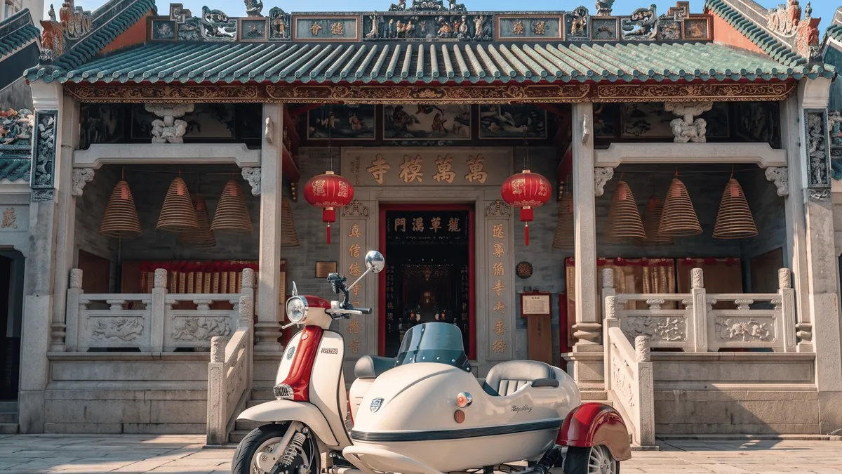 Vintage British sidecar parked outside the Blue House in Wan Chai on a heritage photo circuit during a Hong Kong photoshoot